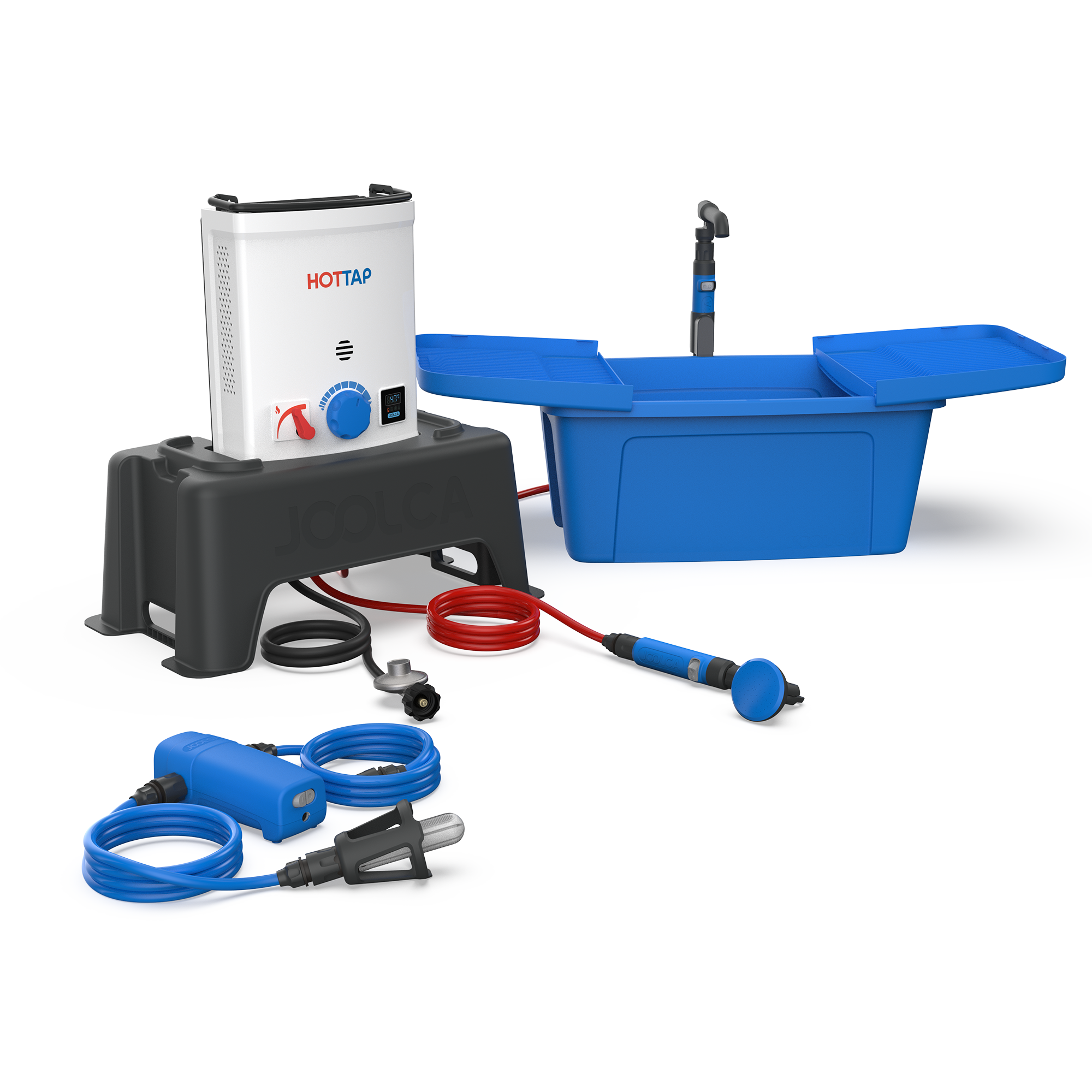 Portable outdoor hot water system setup including a compact water heater unit, blue wash basin with faucet, and detachable hoses and spray nozzle for camping or off-grid hygiene.
