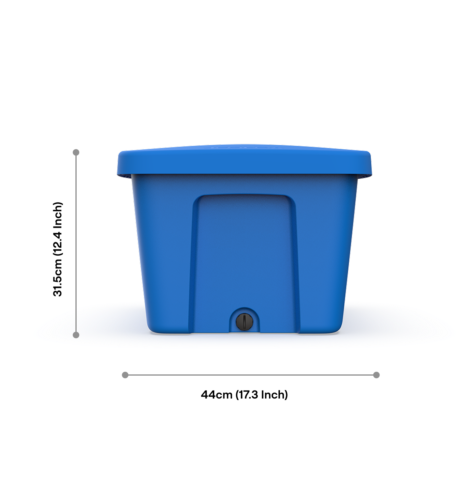 Blue rectangular container with a fitted lid, shown from the front against a white background with dimension lines indicating height and length.