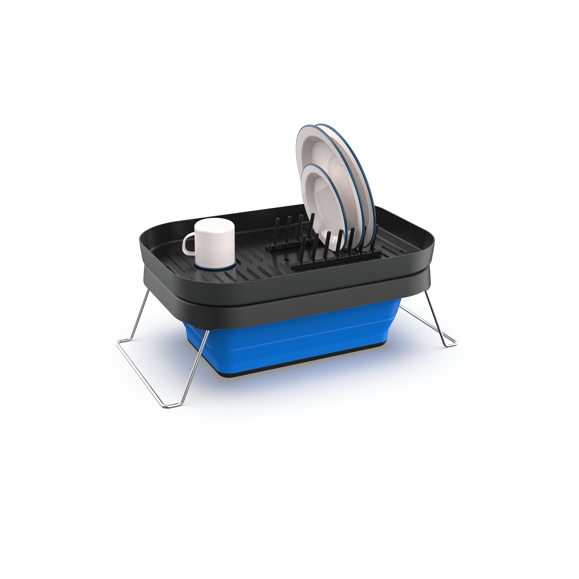 Joolca Flexi Sink with the drainer tray on top as a dish rack, holding plates and a mug to dry