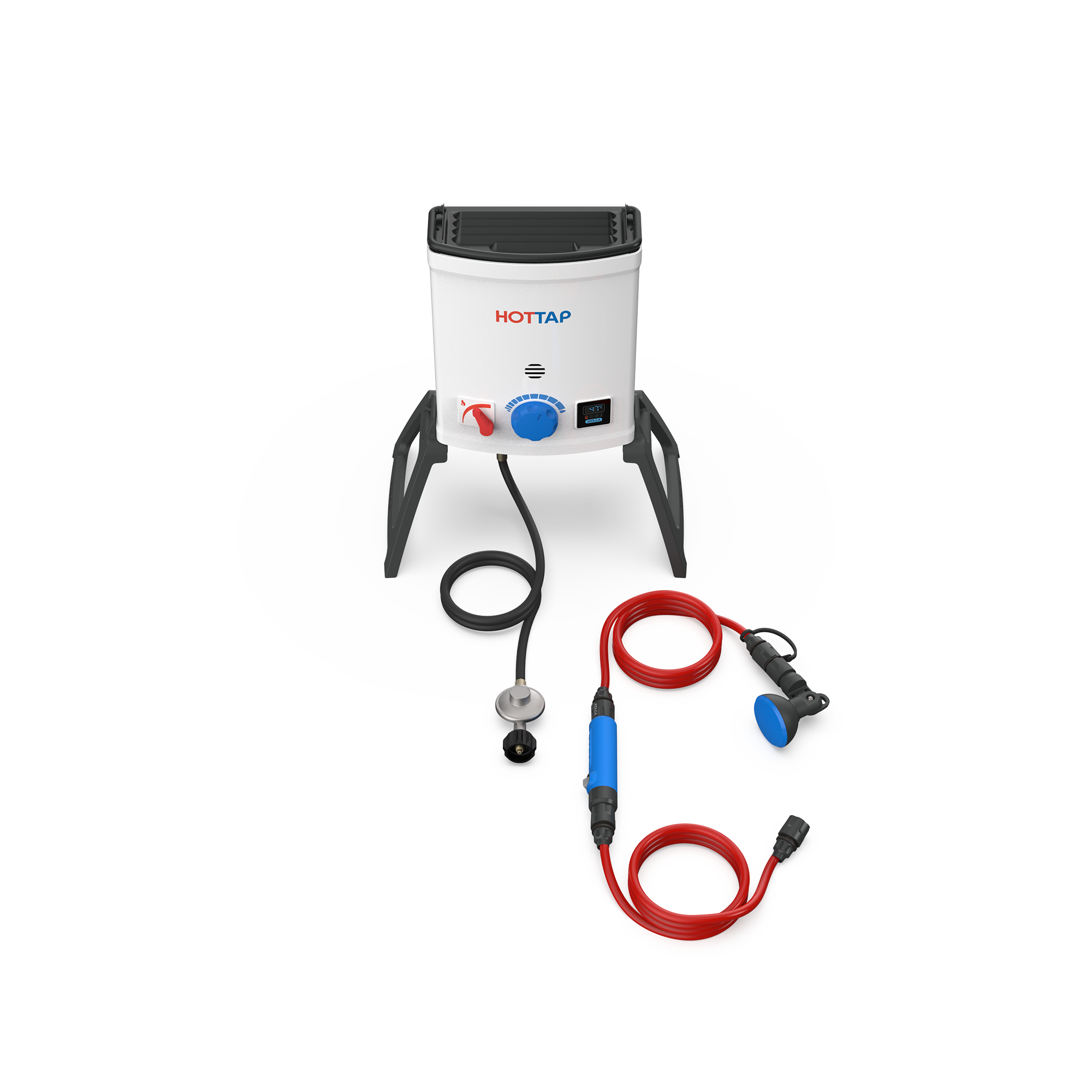 Compact portable outdoor instant hot water system with control knobs and connected hoses, designed for off-grid hot water heating and easy setup.