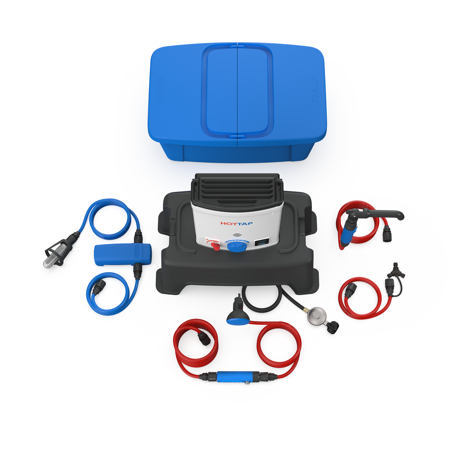 Top-down view of a portable instant hot water system with a blue storage case, a compact hot water heater unit, and various connected hoses, valves, and attachments arranged neatly.
