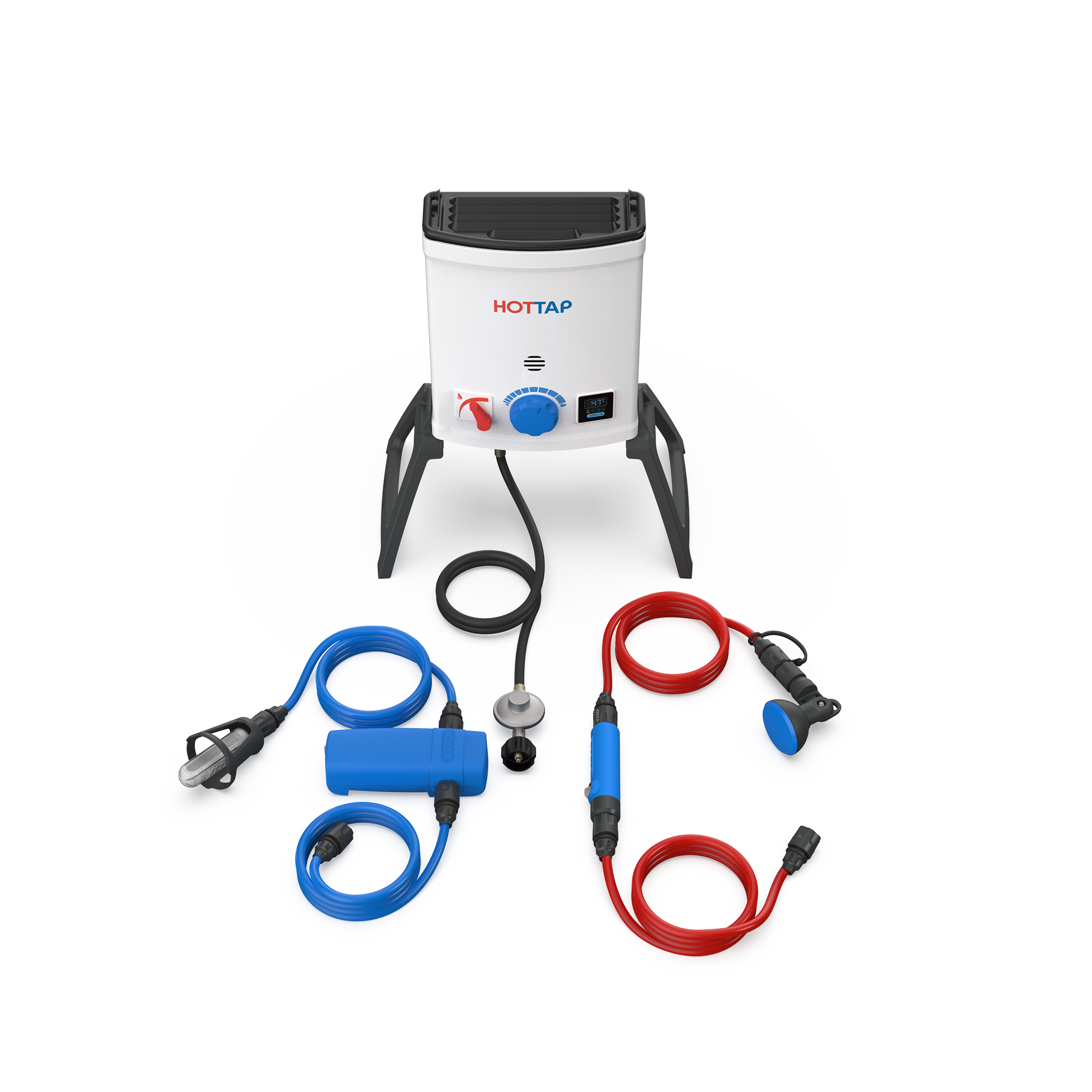 Compact portable instant hot water system with separate blue and red hose attachments featuring hand-held showerheads and control valves, designed for outdoor use.