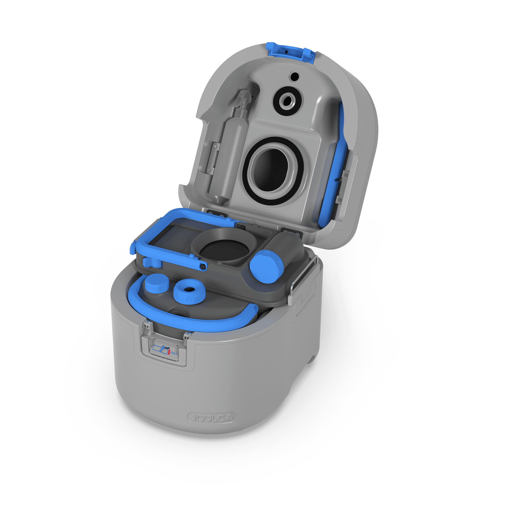 GottaGo portable toilet open showing blue seat and waste tank