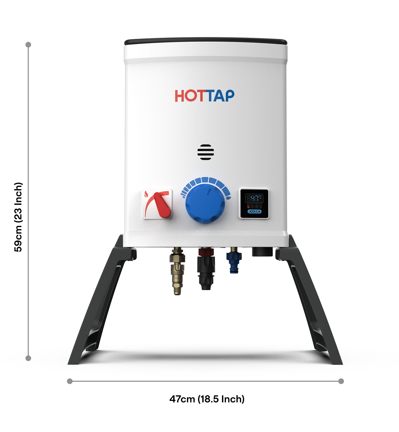 Compact portable hot water system with white body, control knobs, a digital display, and sturdy black legs designed for outdoor and off-grid use.