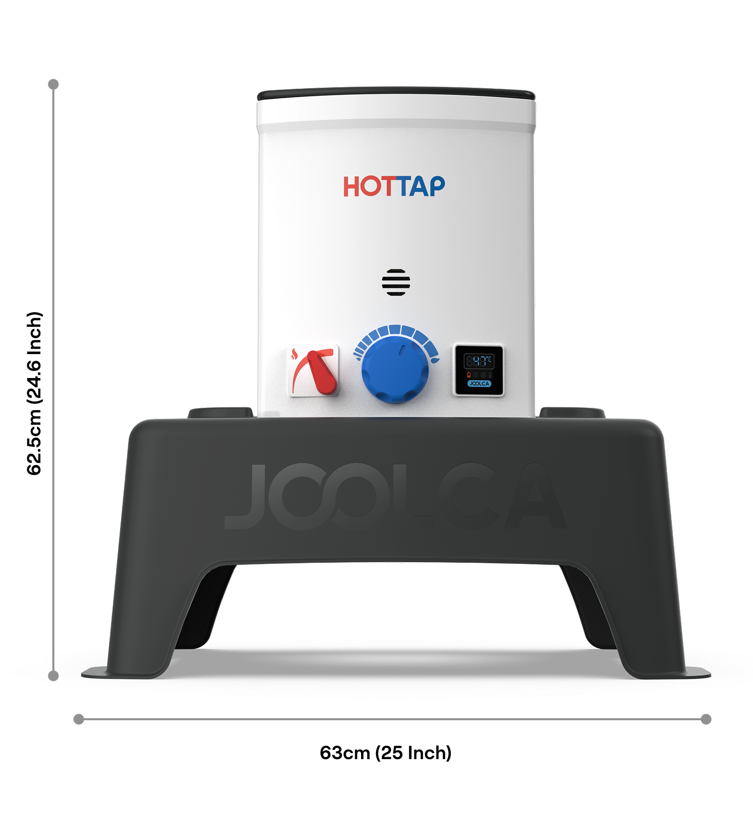 Compact white portable hot water heater with a blue temperature control dial, red ignition knob, digital display, and black stand branded with Joolca.