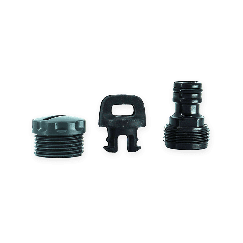Three black tub fittings: a threaded plug, a clip and a tap connector