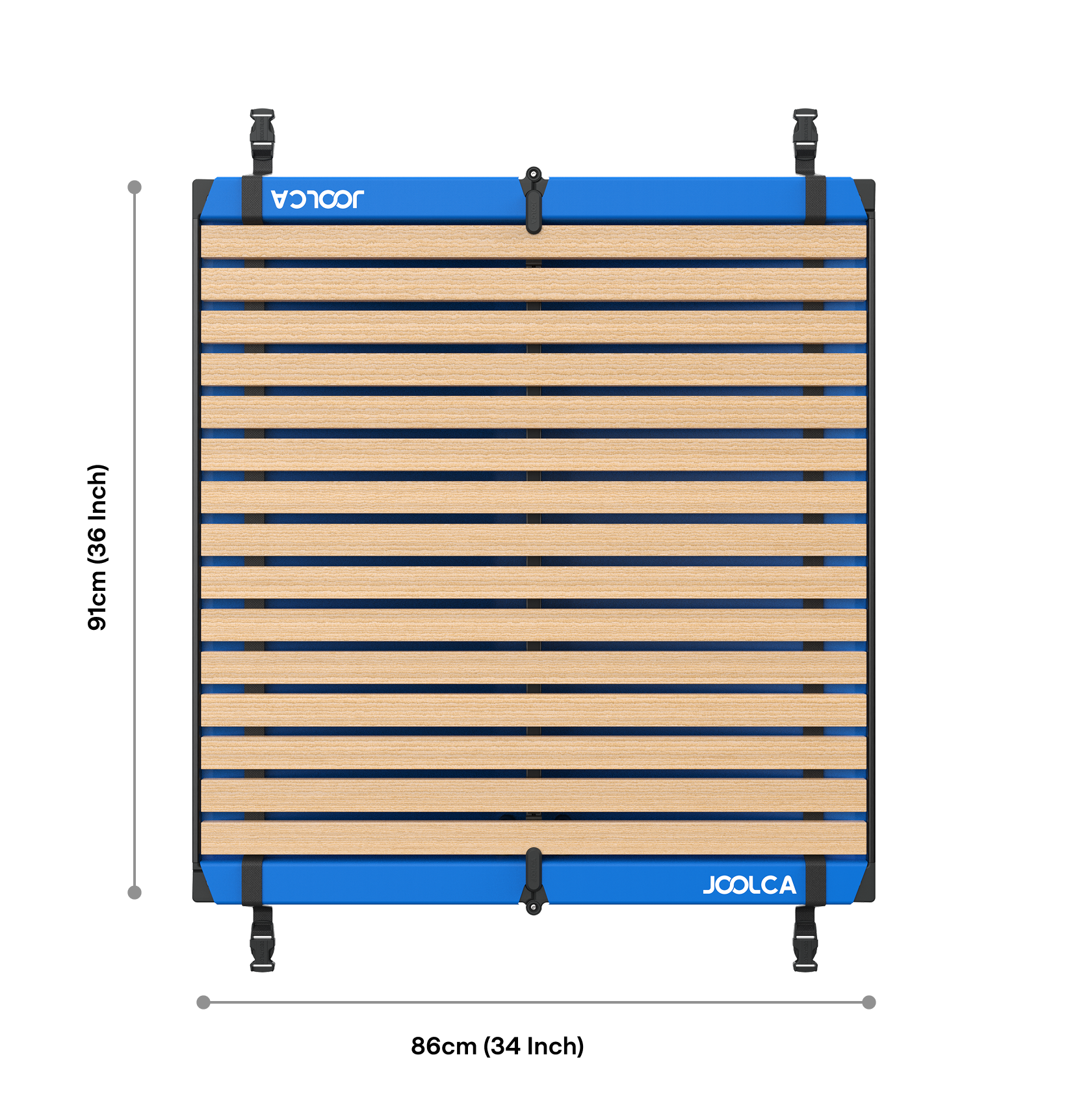 Top-down view of a square portable shower base with wooden slats and blue corner supports designed for outdoor use, featuring attachment points for secure setup.